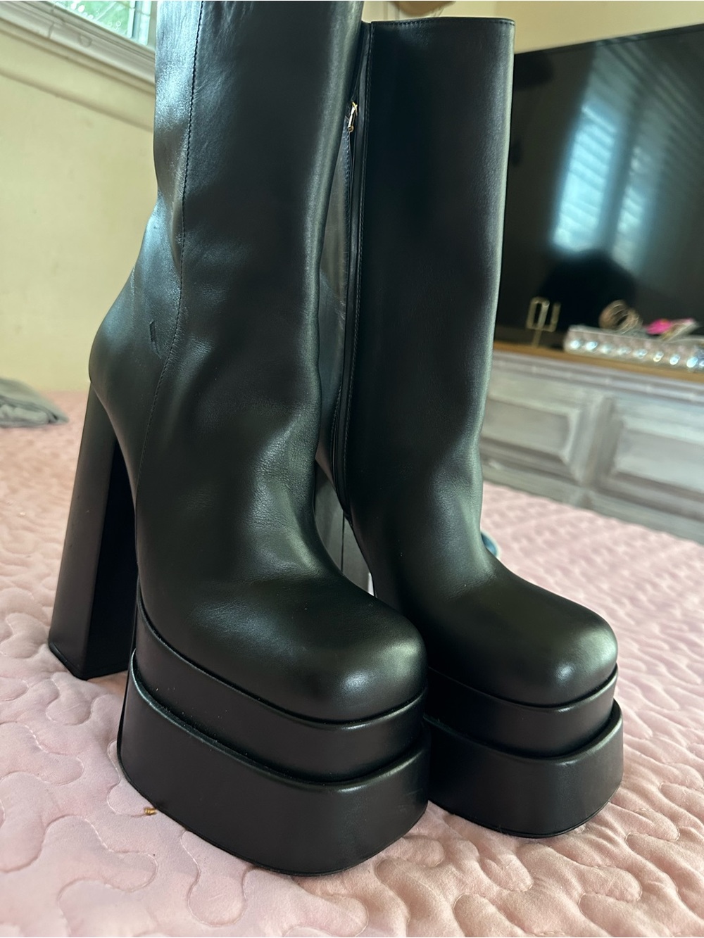Versace Black Platform High Heel Mid-Calf Boots